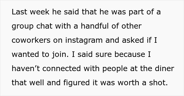 Text image detailing a coworker's invitation to a group chat on Instagram.