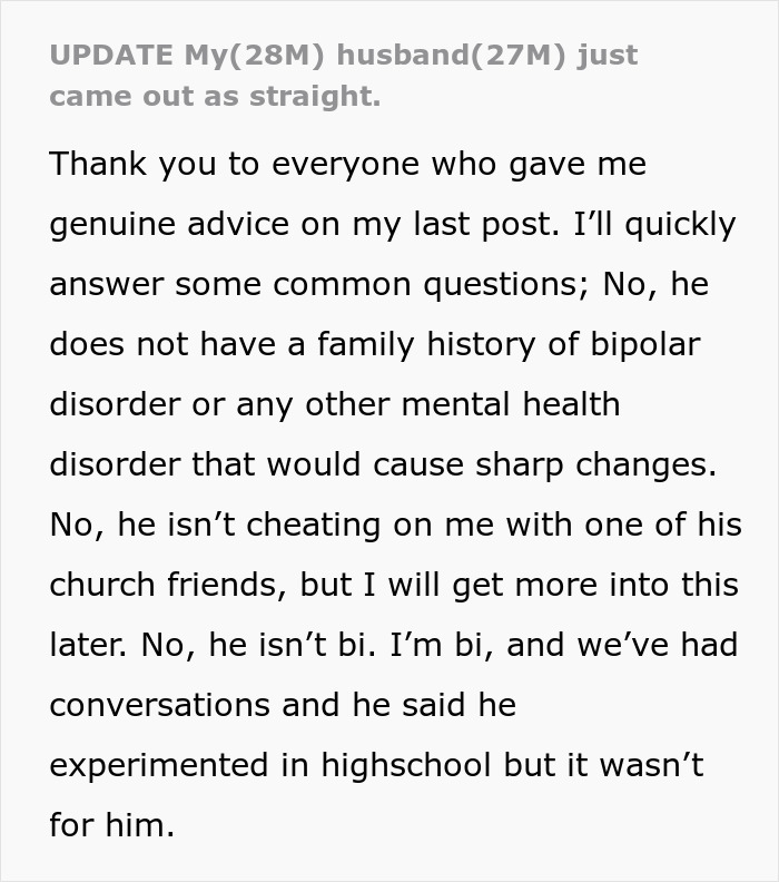 Text from a man discussing his husband's decision influenced by church views on gay marriage being sinful. Text from a man discussing his husband's decision influenced by church views on gay marriage being sinful.