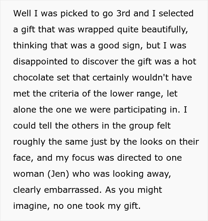 Text describing a disappointing gift exchange, hinting at drama involving a woman swindling at a club.