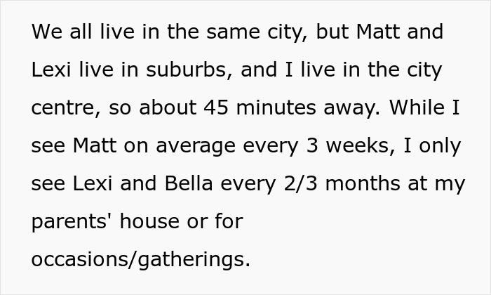 Text conversation about seeing family in the city and suburbs, highlighting infrequent visits to Lexi and Bella. Text conversation about seeing family in the city and suburbs, highlighting infrequent visits to Lexi and Bella.