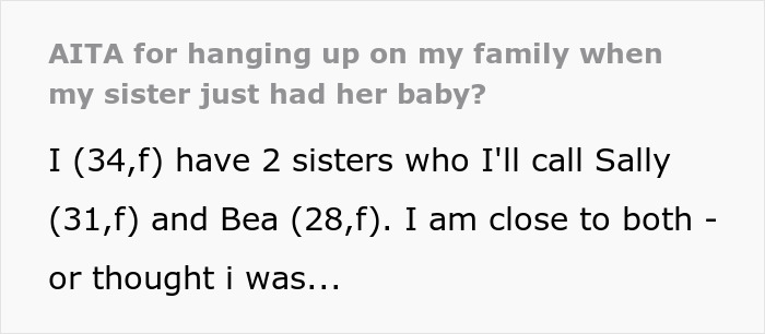 Text screenshot about a woman feeling excluded by family when learning of her sister&rsquo;s baby birth.