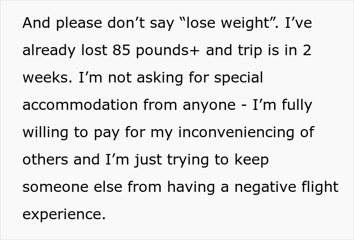 Text conversation about travel accommodation concerns for new hire needing extra space on flight.