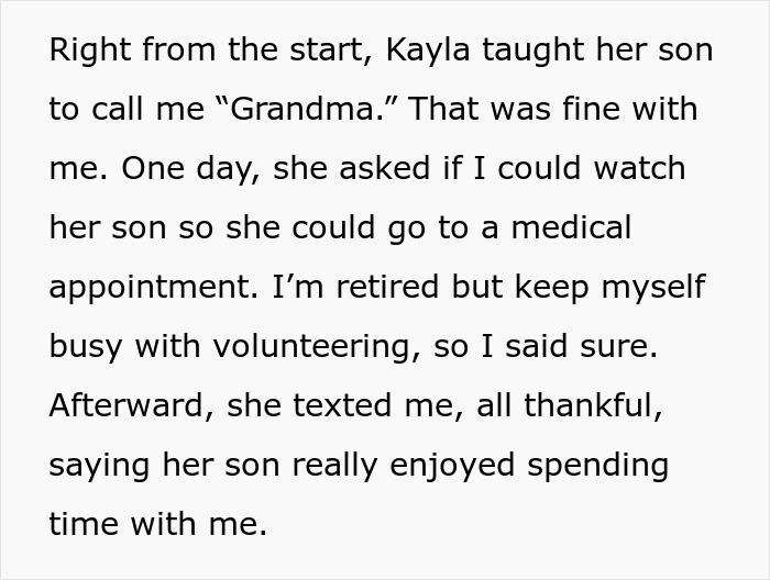 Text excerpt about a grandma babysitting grandson, mentioned by son's girlfriend using black roots as an excuse. Text excerpt about a grandma babysitting grandson, mentioned by son's girlfriend using black roots as an excuse.