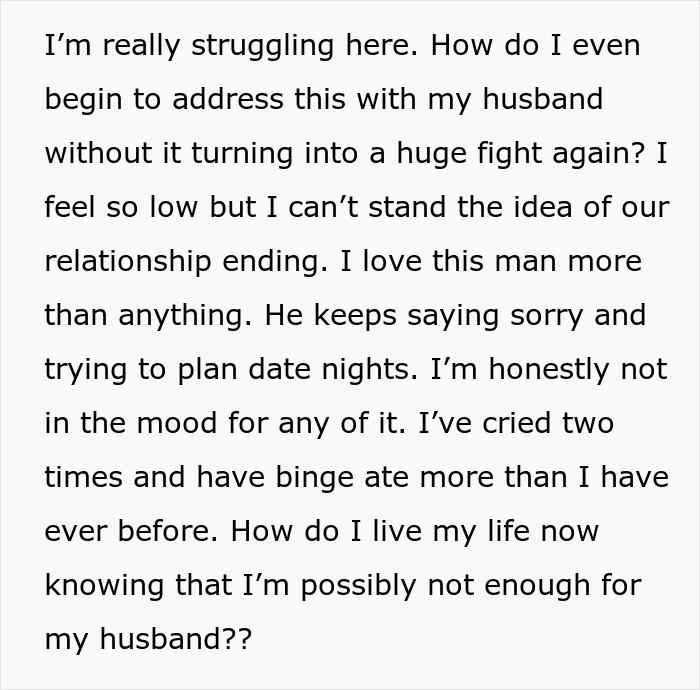 Text discussing struggles in a relationship with a husband, feeling low, and concerns about being enough.