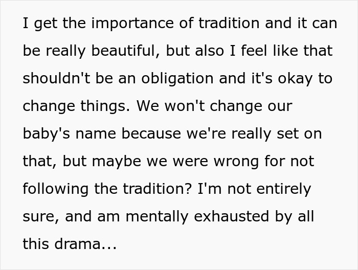 Text discussing baby's name tradition rejection and associated family drama.