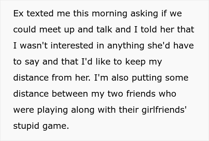 Text message excerpt about friendship and distancing from an ex's influence. Text message excerpt about friendship and distancing from an ex's influence.