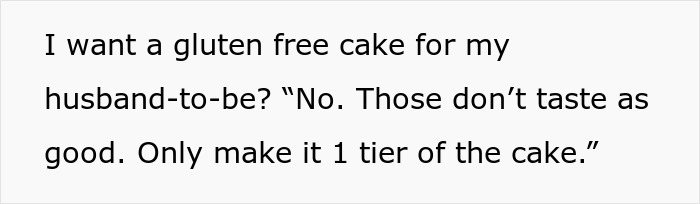 Text discussing gluten-free cake preferences for a wedding, highlighting a disagreement. Text discussing gluten-free cake preferences for a wedding, highlighting a disagreement.