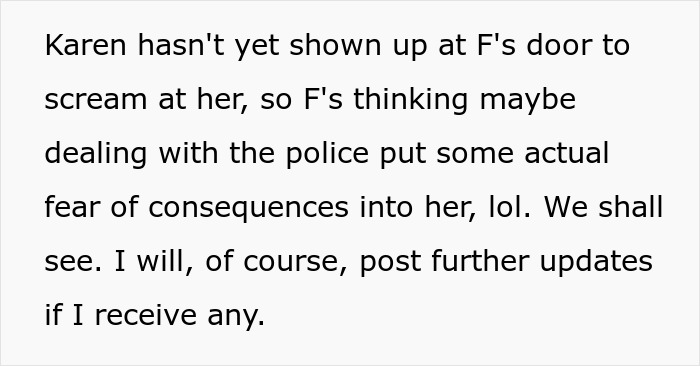 Text discussing Karen's absence at neighbor's door, possible police influence, and anticipation of updates.