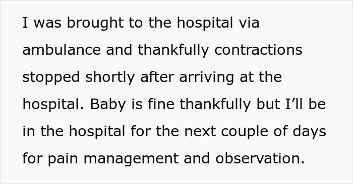 Text describing a pregnant woman in hospital after a fall, resting for observation and pain management.