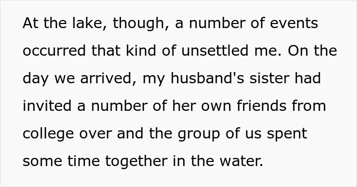 Text excerpt describing unsettling lake events with sister-in-law and college friends. Text excerpt describing unsettling lake events with sister-in-law and college friends.