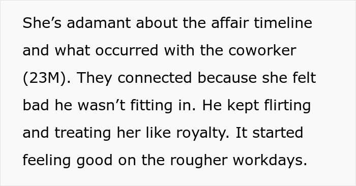 Text discussing wife's affair timeline and coworker connection, revealing details post-work retreat.