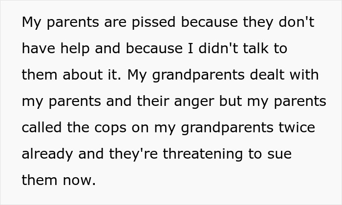 Text about moving in with grandparents causing family tension and legal threats. Text about moving in with grandparents causing family tension and legal threats.