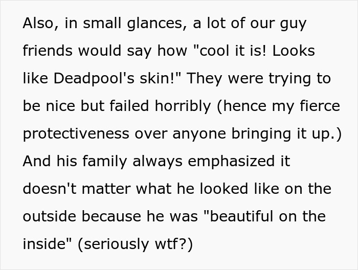 Text discussing reactions to guy's burn scars, comparing them to Deadpool's skin, and family emphasizing inner beauty.