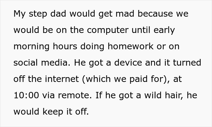 Text snippet about a man enforcing internet rules on his stepdaughter. Text snippet about a man enforcing internet rules on his stepdaughter.