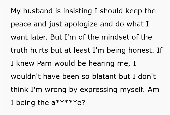 Text discussing family drama, with a woman resisting pressure to apologize to her stepmom and stepsisters.