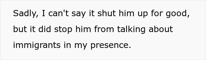 Text discussing a woman's response to her brother-in-law's comments on immigrants.