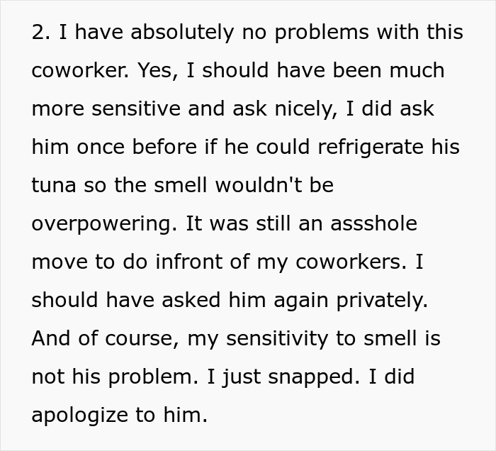 Text excerpt about coworker conflict over tuna smell in breakroom.