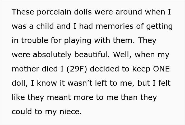 Text describing memories and sentiments related to porcelain dolls and their inheritance.