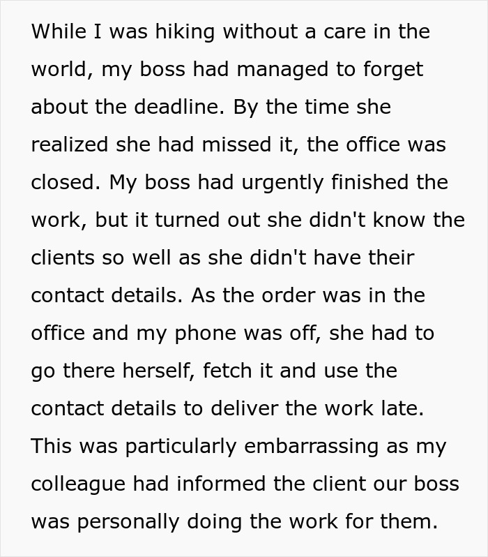 Text describes an egoistic boss embarrassed by missing a deadline and handling work incompetently.