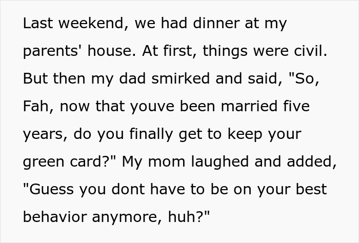 Text describing a dinner conversation highlighting parents' racist remarks towards son's Thai wife about her green card.