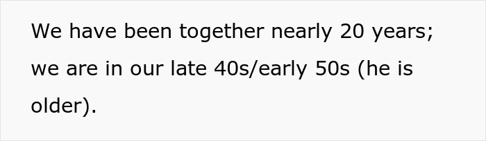 Text reads about a couple together for 20 years, in their late 40s/50s. Text reads about a couple together for 20 years, in their late 40s/50s.