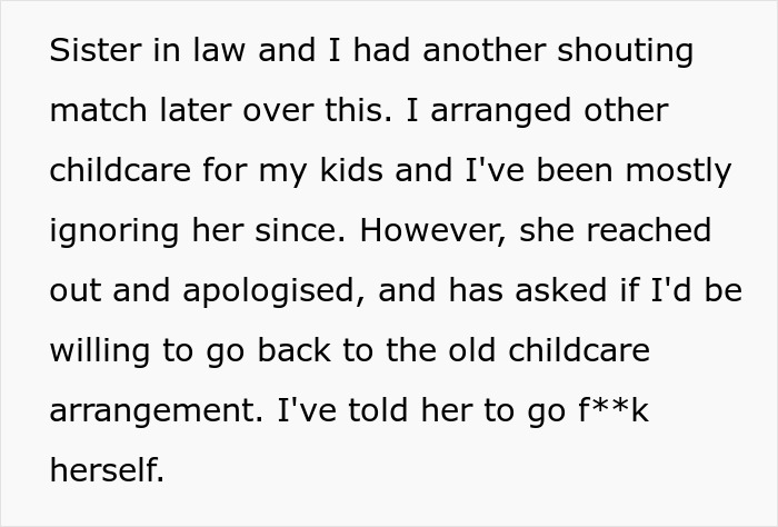 Text describing a conflict over childcare and subsequent apology request.