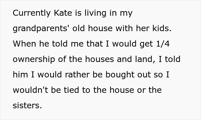 Text showing family property ownership conflict over house and land, preferring buyout to avoid stepfamily ties.