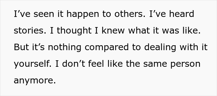 Text reads emotional reflection on personal experience; a person describing profound change.