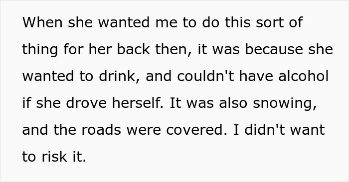 Text image discussing a refusal to drive a drunk woman on snowy roads, emphasizing safety concerns.