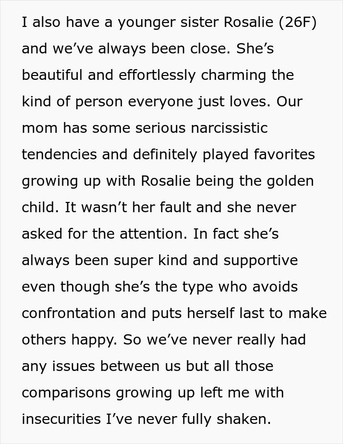 Text about family dynamics with a narcissistic mother, focusing on a supportive sister, related to husband, sister, and wife.