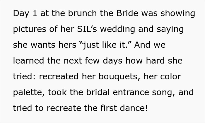 Text describing a bride aiming to recreate her SIL's wedding over a 4-day long celebration. Text describing a bride aiming to recreate her SIL's wedding over a 4-day long celebration.