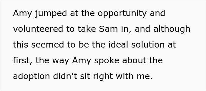 Text about Amy adopting sibling's baby, leaving family member surprised.