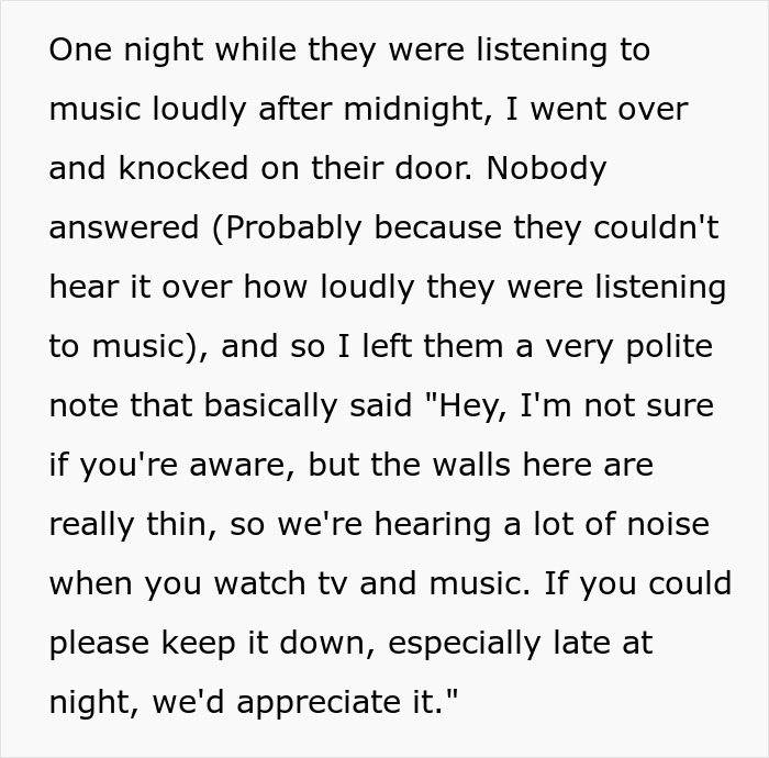 Text of a note about noisy neighbors treating the building like a personal nightclub.