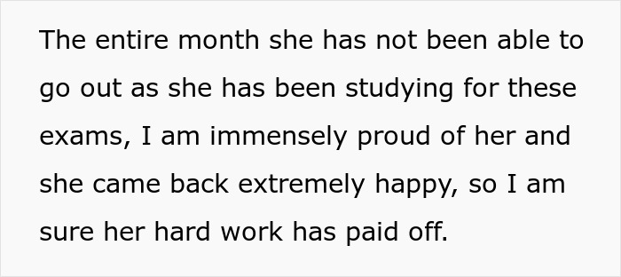 Text about a student studying for exams and their success, highlighting parental pride.