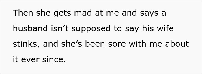 Text discussing a husband's comment on his wife's smell and subsequent tension, related to personal hygiene issues. Text discussing a husband's comment on his wife's smell and subsequent tension, related to personal hygiene issues.