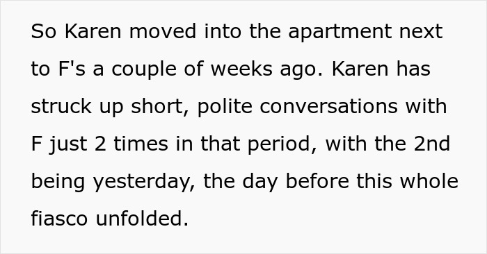 Text describing a situation between Karen and her disabled neighbor, leading to a disagreement.