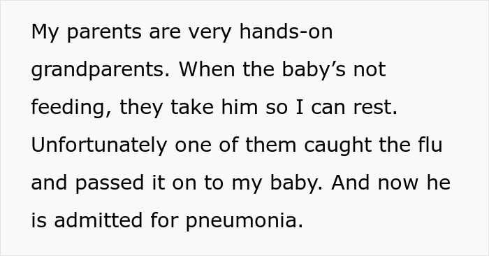 Text about grandparents and baby's pneumonia, discussing illness transmission and hospitalization.