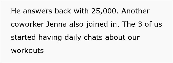 Text about coworkers discussing workout goals; keyword: reporting-coworker-cheating-walking-competition. Text about coworkers discussing workout goals; keyword: reporting-coworker-cheating-walking-competition.