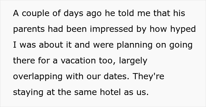 Text discussing future in-laws planning a vacation at the same honeymoon spot and time as the bride-to-be.