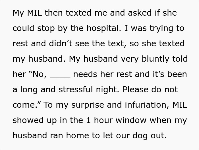 MIL texts while pregnant woman rests in hospital after fall; husband says not to visit but MIL shows up.