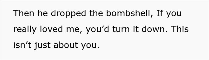 Text displaying a husband's emotional appeal about his wife's promotion decision.