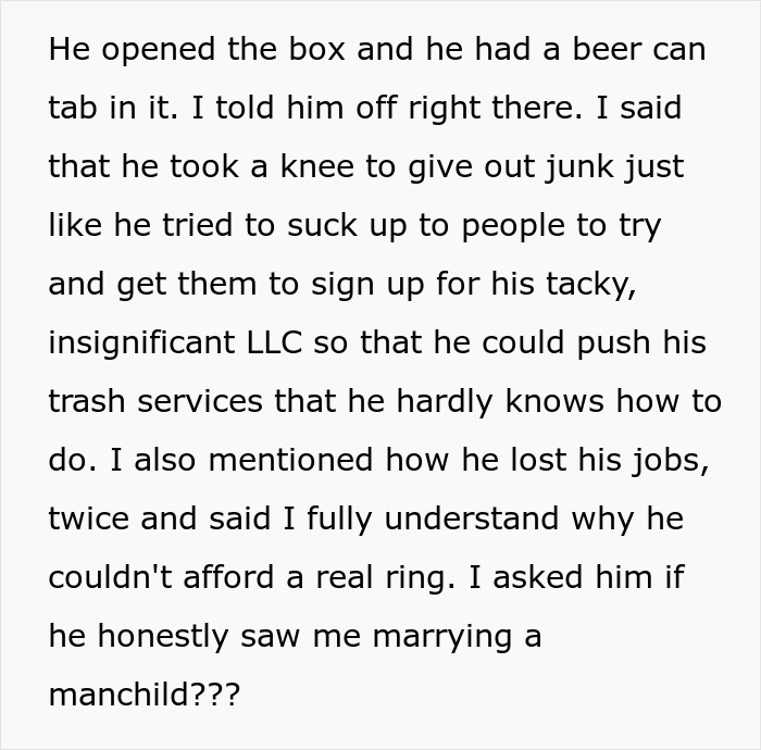 Text describing a breakup over a prank, mentioning frustration with a man's behavior and calling him a manchild.