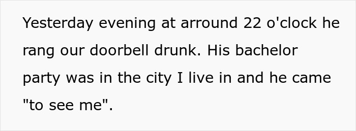 Text message about a drunk man visiting his ex-girlfriend before his wedding, expressing surprise and concern.