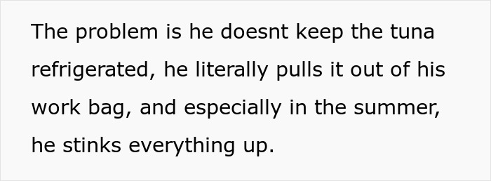 Text about unrefrigerated tuna causing odor issues in the breakroom.