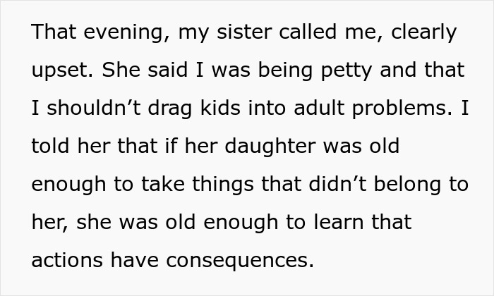 Text excerpt showing an aunt explaining consequences to niece for stealing, highlighting sticky-fingers and stolen trinkets.