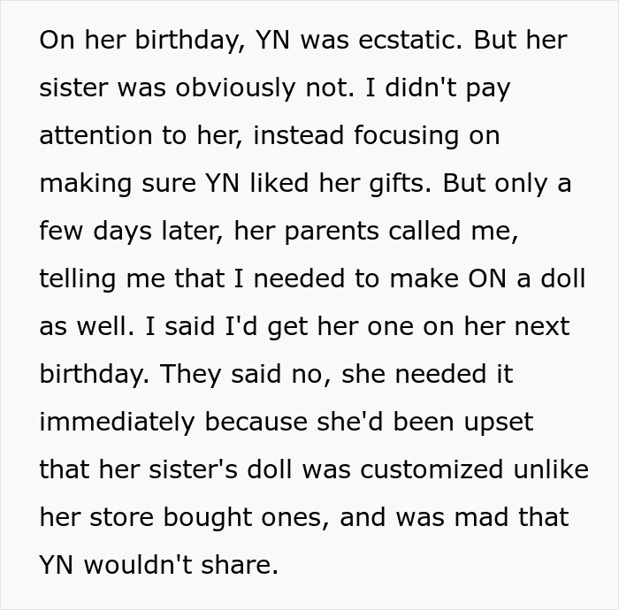 Aunt customizes doll for infuriated 5-year-old after sibling receives special gift.
