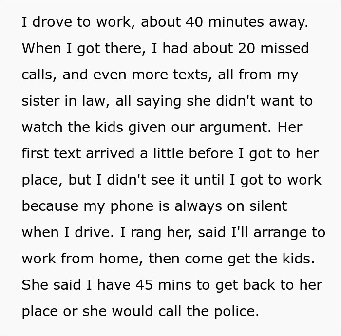 Text messages between woman and sister-in-law about child abandonment and police involvement after an argument.