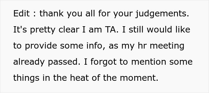 Text about HR meeting clarification regarding tuna eating incident in the breakroom.
