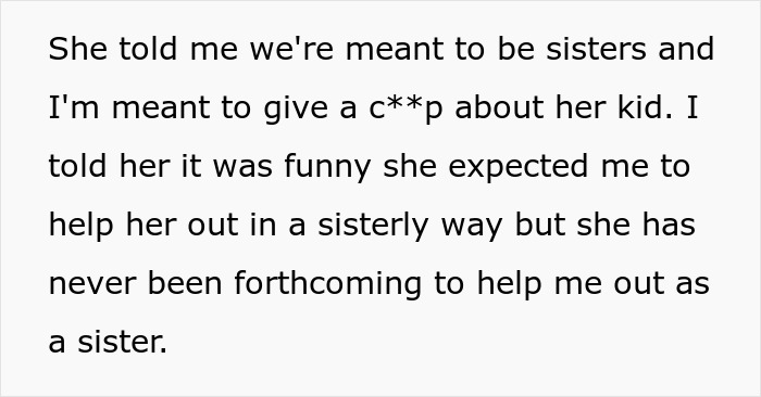 Text about a stepsister's expectation for babysitting responsibilities and lack of reciprocal help. Text about a stepsister's expectation for babysitting responsibilities and lack of reciprocal help.