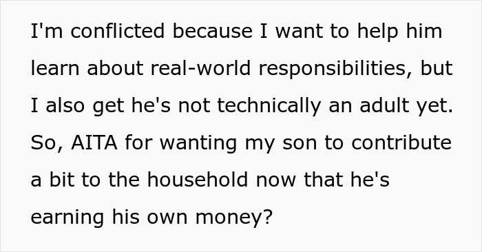 Text discussing a woman's dilemma about charging her son $600 rent due to his high earnings.